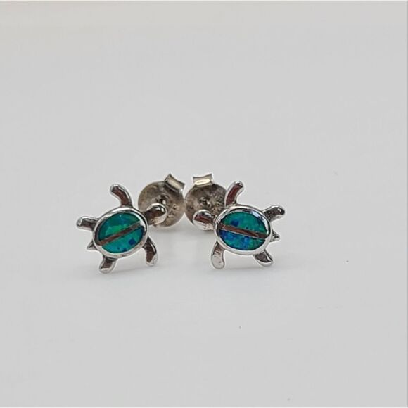 Sterling Silver Sea Turtles, opal inlay earrings, pierced - Picture 2 of 5